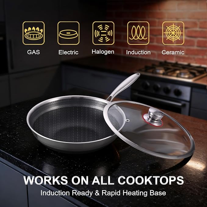 13 Inch Hybrid Nonstick Wok with Lid, Double-Sided Ceramic Coating | Honeycomb Stainless Steel Wok Pan | Long Handle | Induction Compatible | Oven & Dishwasher Safe