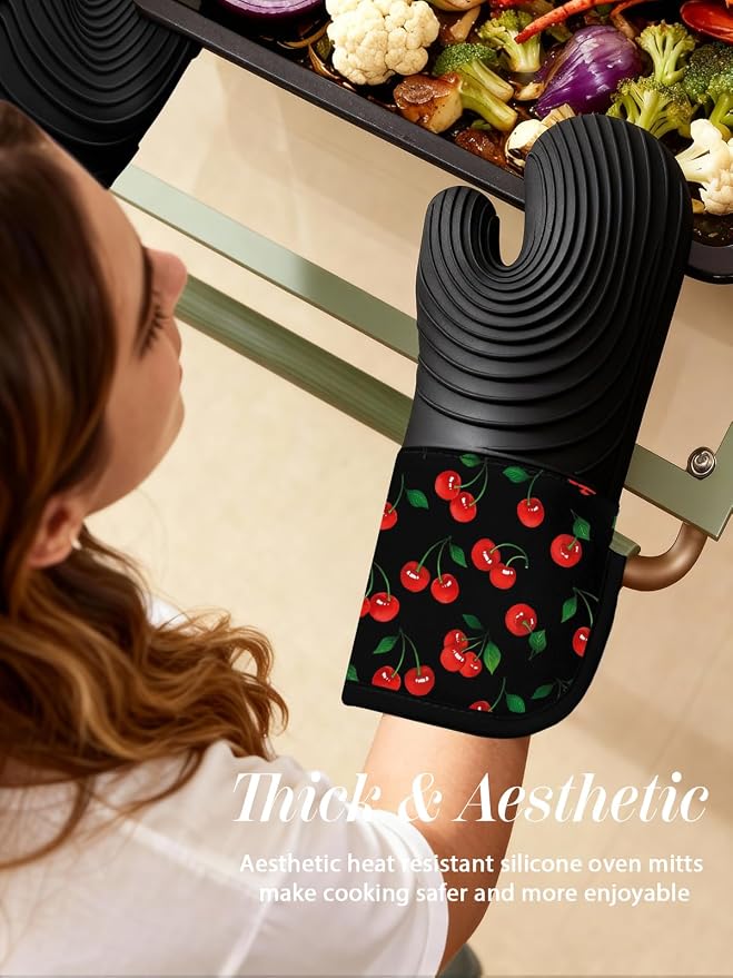 Slohif Long Silicone Oven Mitts Heat Resistant for Women - 2 Pcs Y2K Cherry 100% Cotton Oven Gloves, Non-Slip and Waterproof Silicone Oven Mitts with Hanger for Baking and Cooking