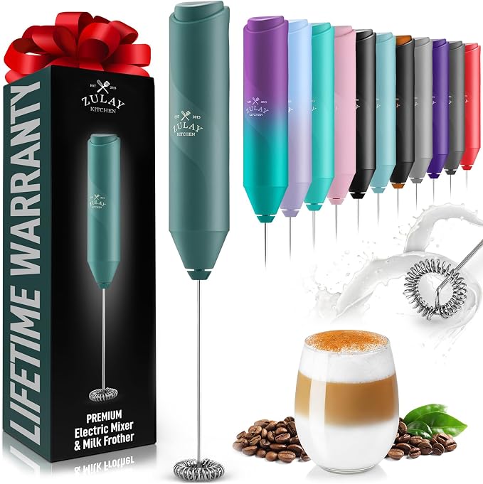 Zulay Kitchen Powerful Milk Frother Wand - Handheld Stainless Steel - Battery Operated Drink Mixer for Coffee, Lattes, Cappuccino, Matcha - Froth Mate Frother Gift - Dark Green