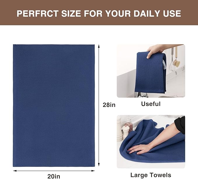 Homaxy 100% Cotton Oversized Waffle Weave Kitchen Towels 8-Pack, Navy Blue | 20 x 28 Inches, Ultra Soft Absorbent Dish Towels, Quick Drying Large Cleaning Towels