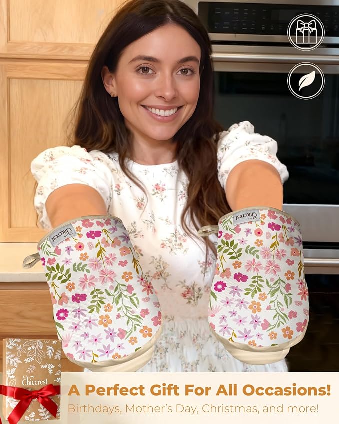 100% Thick Cotton Mini Oven Mitts Silicone Grip Spring Floral | Girly Cute Oven Mitts for Women, Machine Washable, Non-Slip, Reversible Design Fits Both Hands, Stylish Kitchen Decor