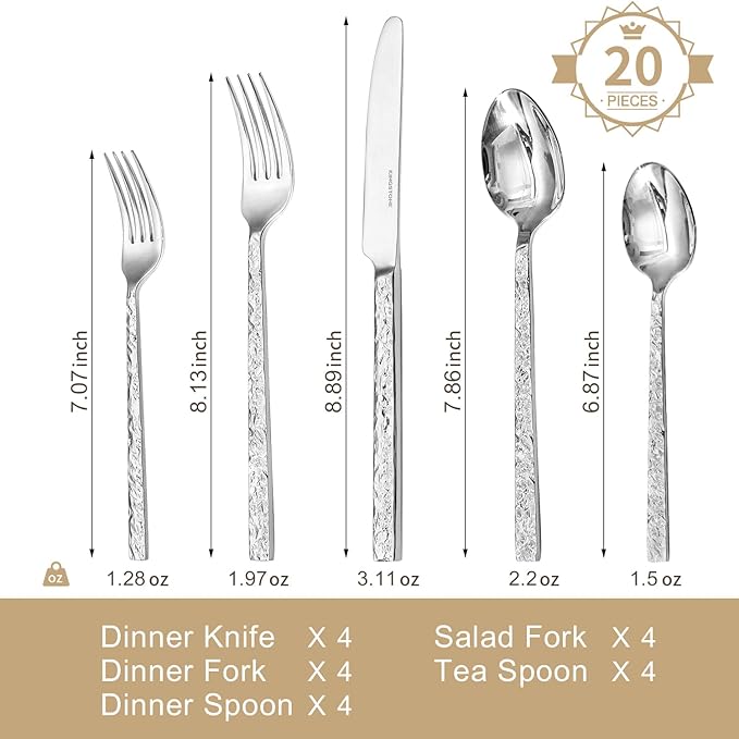 20 Pcs Hammered Silverware Set for 4, 18/10 Stainless Steel Heavy Duty Flatware Set, Tableware Cutlery Utensil Sets for Home Restaurant Dishwasher Safe