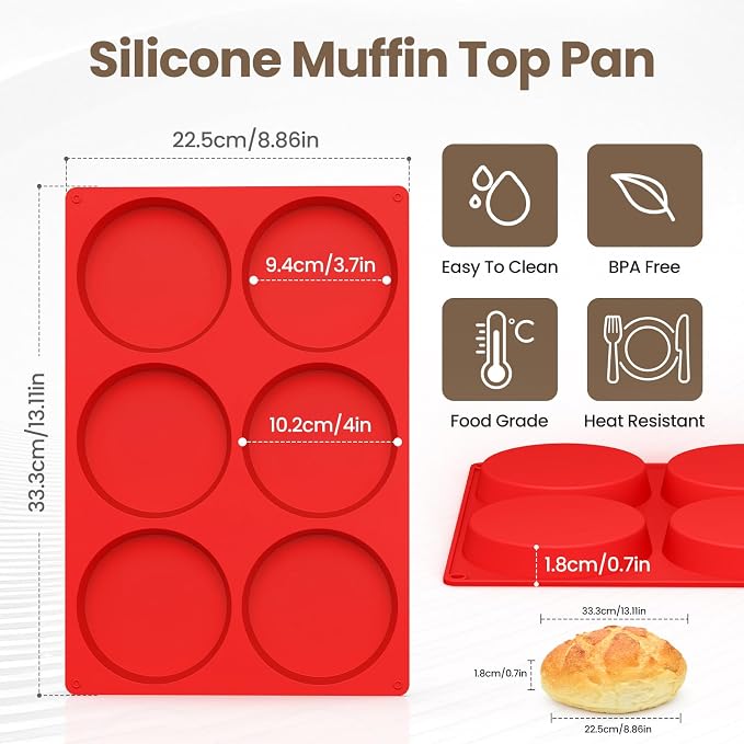 Redfly Silicone Egg Molds for Breakfast Sandwiches 2 Pcs, Non Stick 4 Inch Egg Bites Baking Pans, Jumbo Silicone Muffin Pans for Baking, Round Muffin Top Pan for Whoopie Pie Pan, Hamburger, Fruit Tart