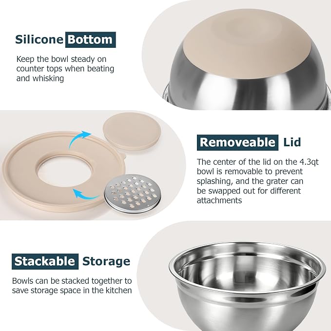 Stainless Steel Mixing Bowls with Lids, Non-Slip Silicone Base Set | 14-piece set with 6.3, 4.3, 3.6 and 2.9 QT bowls, colander, grater and measuring spoons, Stackable for storage
