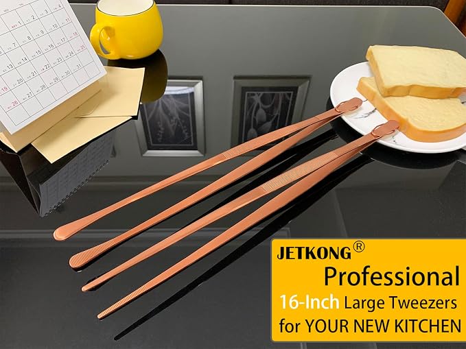 JETKONG 2 Pcs 16-Inch Extra-Large Kitchen Tweezers and Tongs - Giant Stainless Steel Food Tweezers - Rose Gold