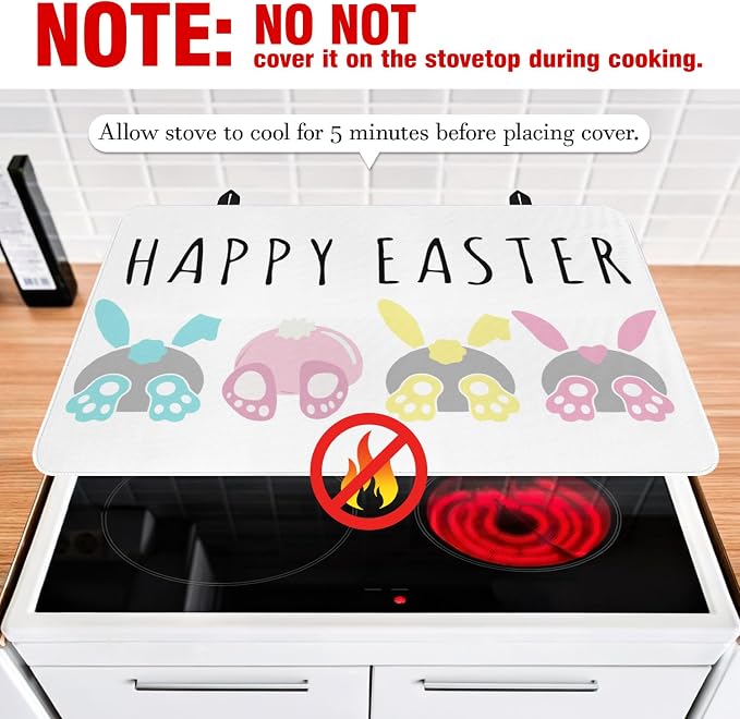 Happy Easter Glass Stove Top Covers for Electric Stove,Bunnies Colorful Rabbits Cute Heat Resistant Cooktop Protector Non-Slip Washable Dish Drying Mat Rug Pad for Kitchen Decor 28"x20"