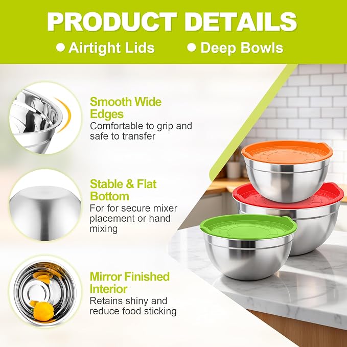 TeamFar Mixing Bowls, Stainless Steel Nesting Salad Bowls & Airtight Lids | For Serving/Mixing/Storing, Healthy & Long-lasting, Dishwasher Safe & Easy Clean, 4.6/3 / 1.5 QT, Colorful