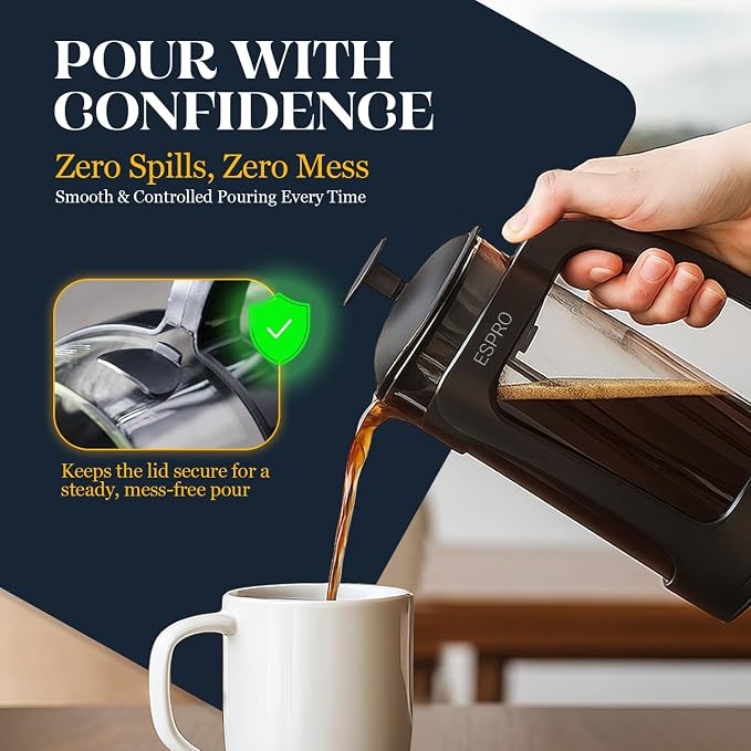 ESPRO Light P3 French Press Coffee Maker – Patented Double Micro-Filter for Grit-Free Brew, Heat Resistant thicker Borosilicate Glass Coffee press – (Black, 32 oz) (Pack of 2)