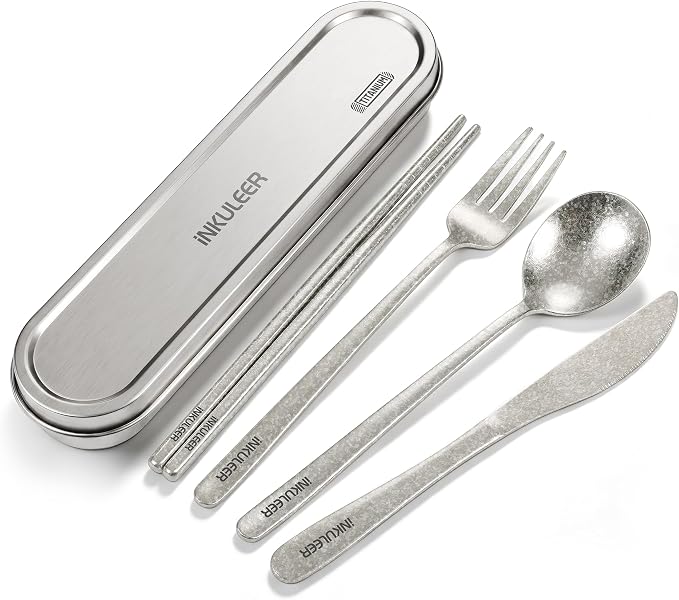 iNKULEER 100% Pure Titanium Travel Cutlery Set | Reusable Utensils with Metal Case | Portable Silverware for Camping, Office, Travel & Outdoor Dining