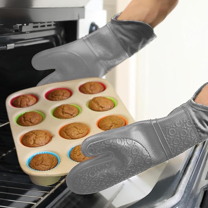 BPA-Free Soft Silicone Oven Mitts - Ultra Heat Resistant Oven Mitts with Thick Cotton Liner - Extra Long Slip Resistant Pot Holders, Flexible Oven Gloves - Gray 14.7"