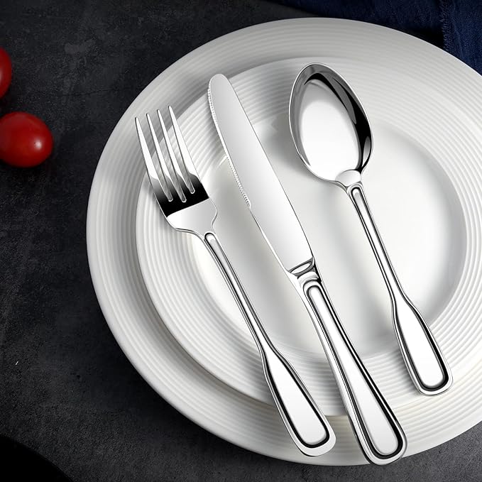 Silverware Set for 6, 30 Piece Boston Style Stainless Steel Flatware Set | Mirror Polished Utensils Spoons and Forks Set for Kitchen，Dishwasher Safe