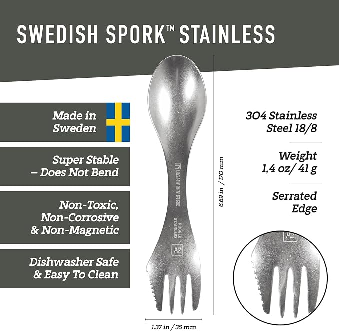 Light My Fire Sporks Stainless Steel (18/8) Camping Spork 2-Pack, Unbreakable Fork Spoon Knife Set - Sporks Reusable Camping Utensils, Durable & Lightweight Metal Spork, Outdoor Hiking Survival Gear
