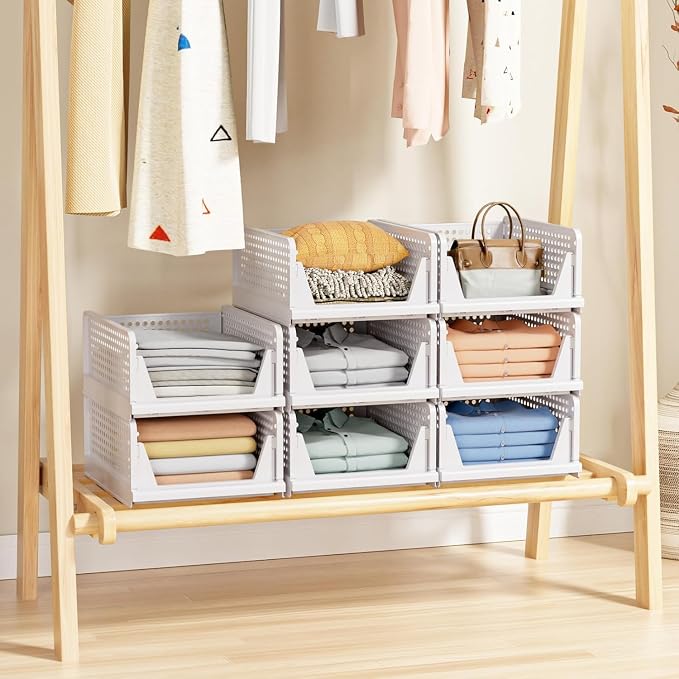 8 Pack Stackable Closet Storage Basket - Stackable Storage Bins | Multifunctional & Foldable Closet Organizer Waterproof, Wardrobe Cupboard Space-Saving Storage Drawer Organizer
