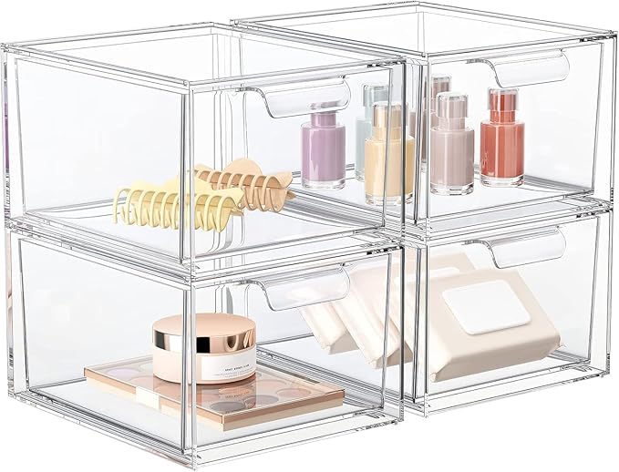 4 Pack Stackable Acrylic Makeup Organizer, Clear Storage Drawers | Clear Plastic Drawer Organizers with Handles for Vanity, Bathroom, Bedroom, Cosmetics, Jewelry and Home Storage