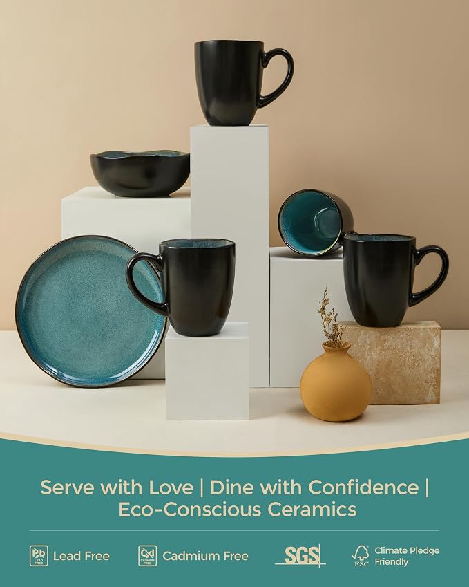 Pokini Coffee Mug 15 oz, Ceramic Coffee Mugs Set of 4, Reactive Glaze Mug for Latte/Tea/Cappuccino/Milk, Irregular Large Mug Set for Men, Women, Dad, Mom, Dishwasher & Microwave Safe, Green Black