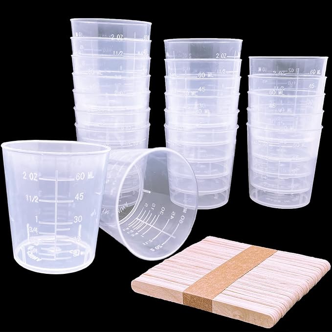 30 Pcs Plastic Graduated Cups, 60ml/2oz Clear Scale Cups | Transparent Experiment Measuring Cup with 50 Pcs Wooden Stirring Sticks for Epoxy, Resin, Stain, Mixing Paint