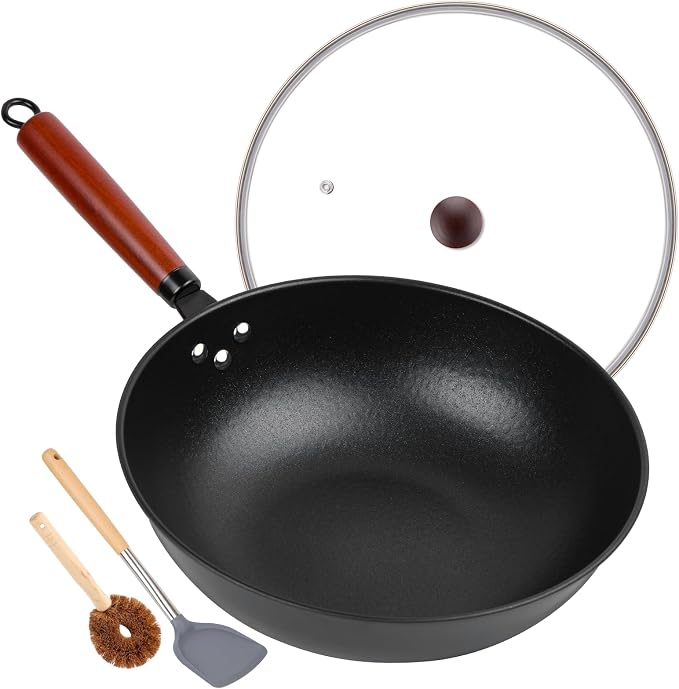 Wok, 13" Carbon Steel Woks & Stir-Fry Pans Nonstick with Glass Lid | Pre-Seasoned Flat Bottom Chinese Wok for Electric, Induction, Gas, All Stoves