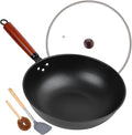 Wok, 13" Carbon Steel Woks & Stir-Fry Pans Nonstick with Glass Lid | Pre-Seasoned Flat Bottom Chinese Wok for Electric, Induction, Gas, All Stoves