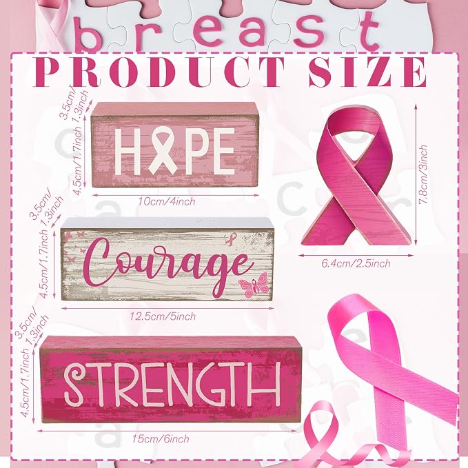 Lineshading 4 Pcs Pink Ribbon Block Signs Wooden Farmhouse Table Decor | Hope Courage Strength Blocks, Rustic Finish for Tiered Tray, Home Shelf Decor, Breast Cancer Awareness Support Gift