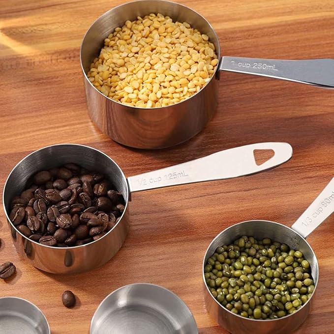 JOYHILL Measuring Cups and Spoons Set 304 Stainless Steel 10-Piece Silver | BPA-Free Silicone Handles, Etched Markings, Nestable Design, Dishwasher Safe for Dry & Liquid Ingredients