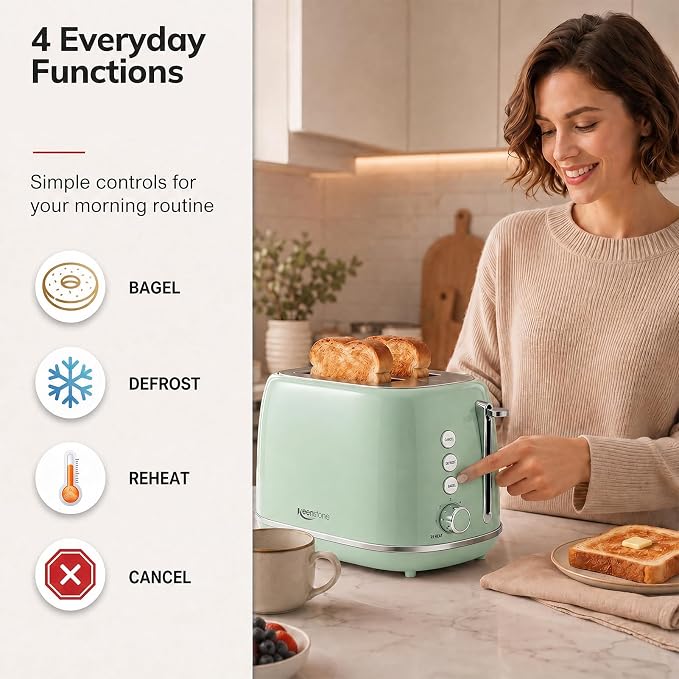 2 Slice Stainless Steel Toaster Retro with 6 Bread Shade Settings, Bagel, Cancel, Defrost Function, Extra Wide Slot, Removable Crumb Tray Green