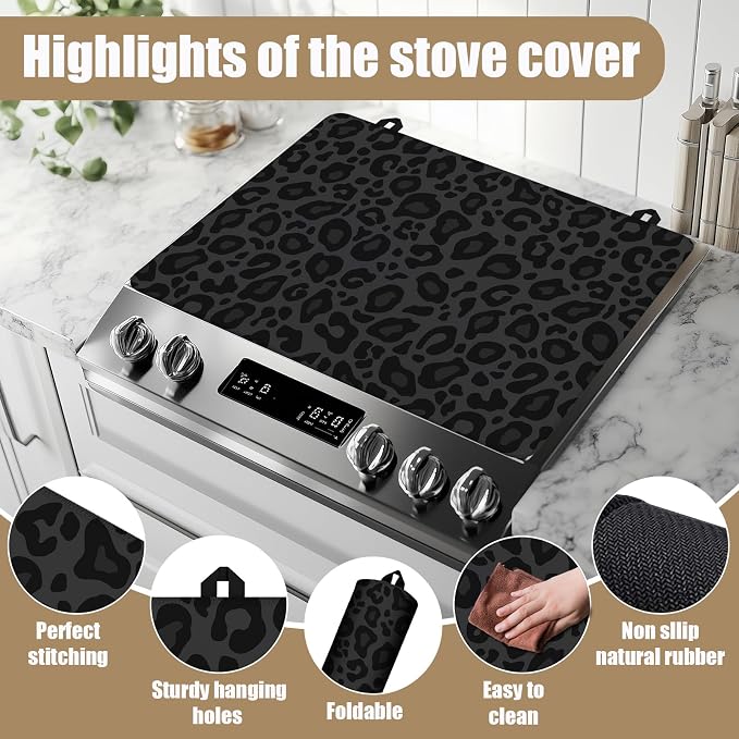 Black Leopard Stove Top Covers for Electric Stove, Electric Gas Stove Pad Heat Resistant Range Cooktop Protector for Home Decor Kitchen 28"x20"
