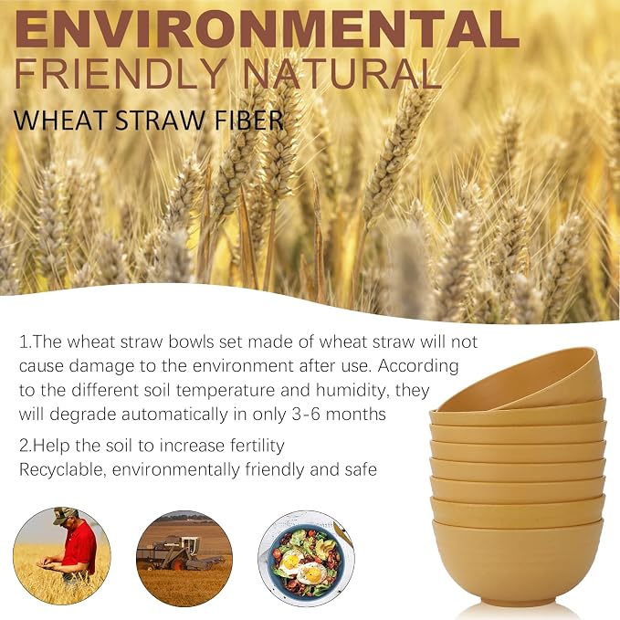 Unbreakable Cereal Bowls, Wheat Straw Bowl Set 8 PCS, Microwave and Dishwasher Safe Bowl for Soup, Cereal, Salad, Snack, Rice, Reusable Plastic Bowls for Kitchen, RV, Gathering (Yellow,26 OZ)