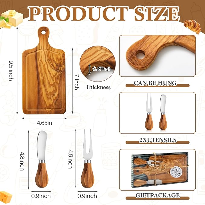1 Set Bridal Shower Favor Prizes Charcuterie Board,Olive Wood Color | Olive Wood Cheese Board with Knife Fork Thank You Tag, Gift Box for Guests, Valentines Wedding Baby Shower Party Favors