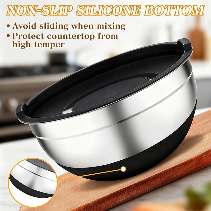 Unokit Mixing Bowls with Lids Set - 7 Pcs Stainless Steel Mixing Bowls Non-Slip Silicone Base Mixing Bowl Set for Kitchen with 3 Grater Attachments