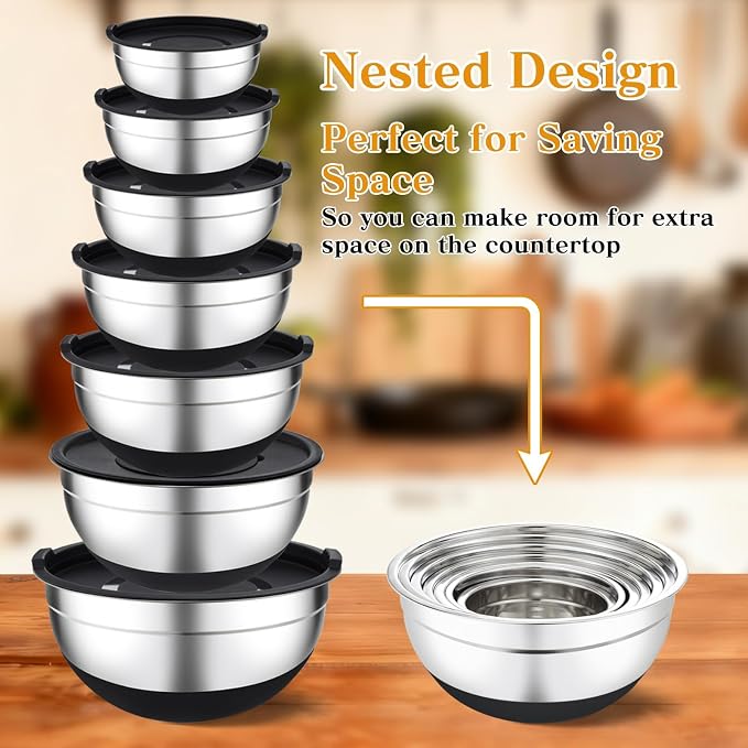 Unokit Mixing Bowls with Lids Set - 7 Pcs Stainless Steel Mixing Bowls Non-Slip Silicone Base Mixing Bowl Set for Kitchen with 3 Grater Attachments