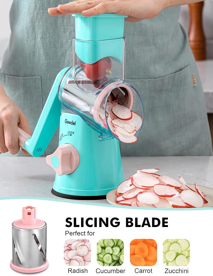 Geedel Rotary Cheese Grater, Kitchen Mandoline Vegetable Slicer with 3 Interchangeable Blades, Easy to Clean Rotary Grater Slicer for Fruit, Vegetables, Nuts | 3 Blades, 430 Stainless Steel, 12x Fast Cutting, Strong Suction Base, No BPA, Dishwasher Saf...