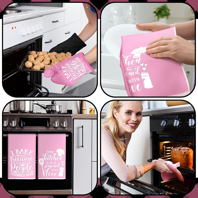 Sratte 6 Pcs Kitchen Decor Accessories Set, Kitchen, Light Pink | Farmhouse Kitchen Towels Pot Holders Oven Mitts Set 2 Dish Towels 2 Potholders 2 Cooking Mittens for Baking Cooking Supply