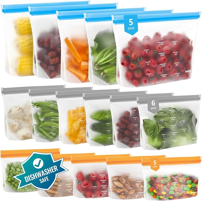 Dishwasher Safe Reusable Storage Bags Stand Up - BPA Free Reusable Sandwich Bags - Leakproof Gallon Freezer Bags, Food Storage Bags - Multicolor 5 Large+ 6 Sandwich + 5 Snack Bags