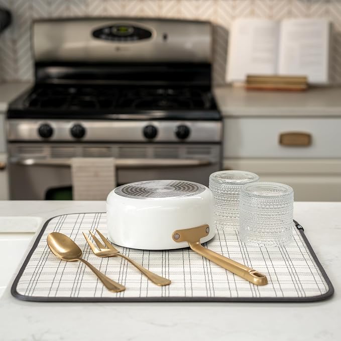 S&T INC. Dish Drying Mat, 16" x 18", Large, Stitched Plaid | Absorbent Microfiber, Kitchen Counter Mat for Dishes, Utensils, Pots and Pans, Machine Washable