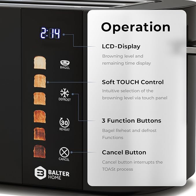 Balter Toaster 4 Slice Wide Slot, Bagel Function, Long Slot, Stainless Steel, Touch Screen, Built-in Rack, Extra-Wide 1.5" Slots for Thick Breads & Bagel, Timer, BPA-Free, Removable Tray, Black