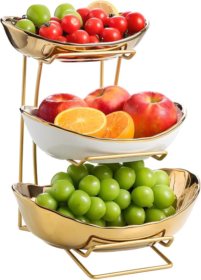 Gold Silver Fruit Bowl with Metal Stand, 3 Tier Ceramic White Fruit Bowl Fruit Rack for Kitchen Counter, Tiered Fruit Basket for Snacks Bread Candy Storage (Gold (Smooth Surface))