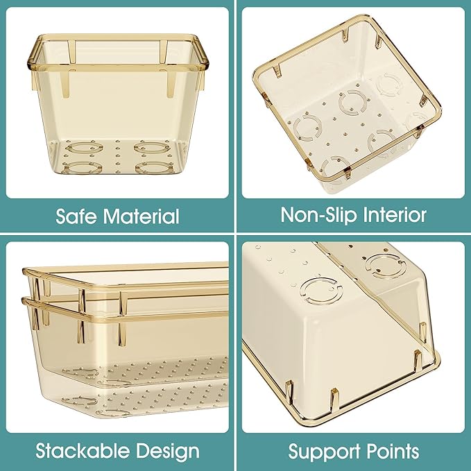 25 PCS Plastic Drawer Organizer Set, Makeup Organizers and Storage Bins | 4 Sizes Desk Drawer Divider Organizers and Storage Bins for Jewelry, Gadgets for Kitchen, Bedroom, Bathroom, Clear Champagne