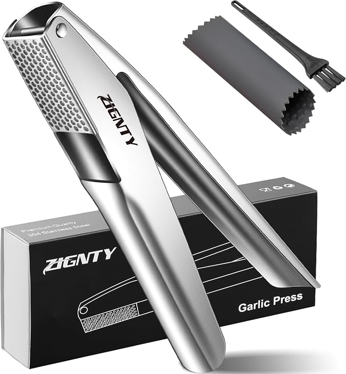 Garlic Press Stainless Steel, No Need to Peel Garlic Mincer Tool | Professional Garlic Presser & Masher, Large Trough, Efficient Dual Lever-Assisted, Rust Proof, Easy Clean, Dishwasher Safe