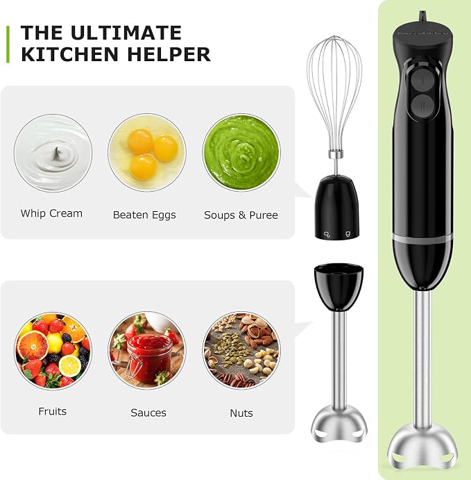 Bonsenkitchen 3-in-1 Immersion Blender Handheld with 2 Mixing Speed | Hand Blender with Egg Whisk & 24oz Beaker, Stainless Steel Blade, Portable Stick Mixer for Smoothie, Soup, Baby Food