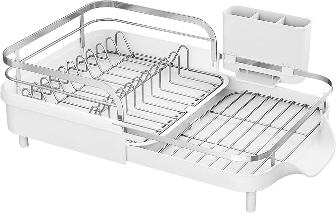 SAYZH Expandable Dish Drying Rack for Small Kitchen Counter, White | Stainless Steel, Protective Guardrail, Angled Drainboard, Fits High-Rim Sinks, Removable Utensil Holder