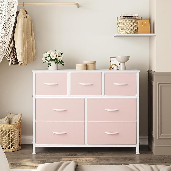 Sweetcrispy 7 Drawer Dresser for Bedroom Storage with Fabric Bins, Pink | Anti-Tip Closet Organizer, Wooden Top and Sturdy Steel Frame, Spacious Drawers for Girls Clothes Storage, Hallway Entryway