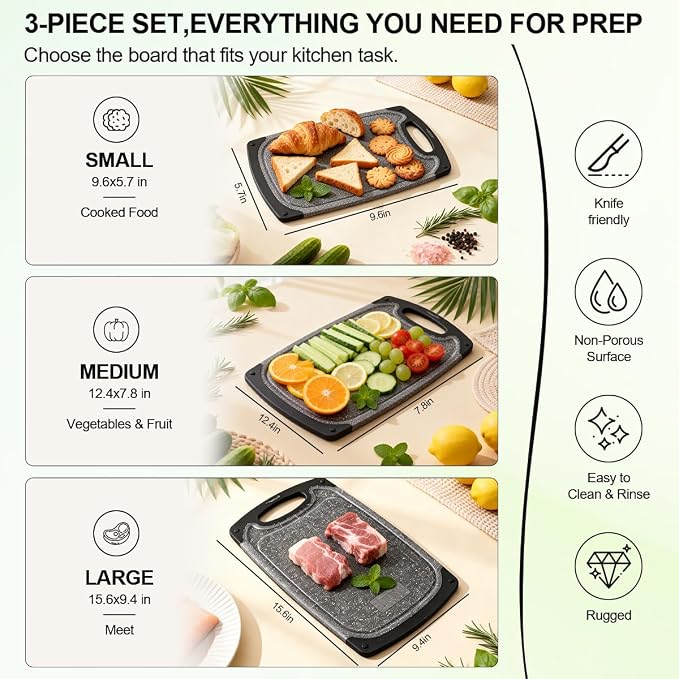 Viretang Plastic Cutting Boards Set of 3,BPA Free,Dishwasher Safe | Thick Chopping Boards for Kitchen with Deep Juice Grooves, Non‑Slip Feet, Easy Grip Handle, Grinding Area, Black