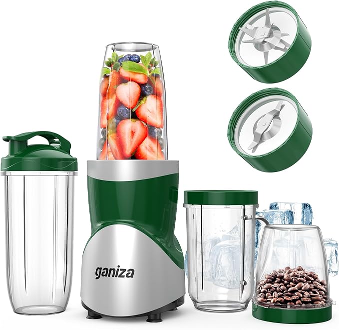 Ganiza Smoothie Blender, 900W Blenders Shakes and Smoothies, Green | 15-Piece Personal Blender and Grinder Combo for Kitchen, Smoothies Maker with 4 BPA-Free Portable Cup, Nutritious Recipe