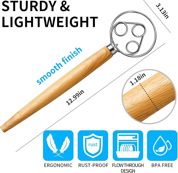 TEEVEA Danish Dough Whisk Wooden Handle Stainless Steel for Sourdough Bread | Dutch Dough Hook, Replaces Hand Mixer and Spoon, Bread Baking Tool, Food Grade Rust Resistant Steel, Non-Stick, Easy to Clean