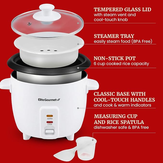 Elite Gourmet ERC003NSTX Rice Cooker & Food Steamer, Non-Stick Pot, White | Keep Warm - Glass Lid - Steam Tray Included - One-Touch Cooking - Includes Measuring Cup and Rice Scoop