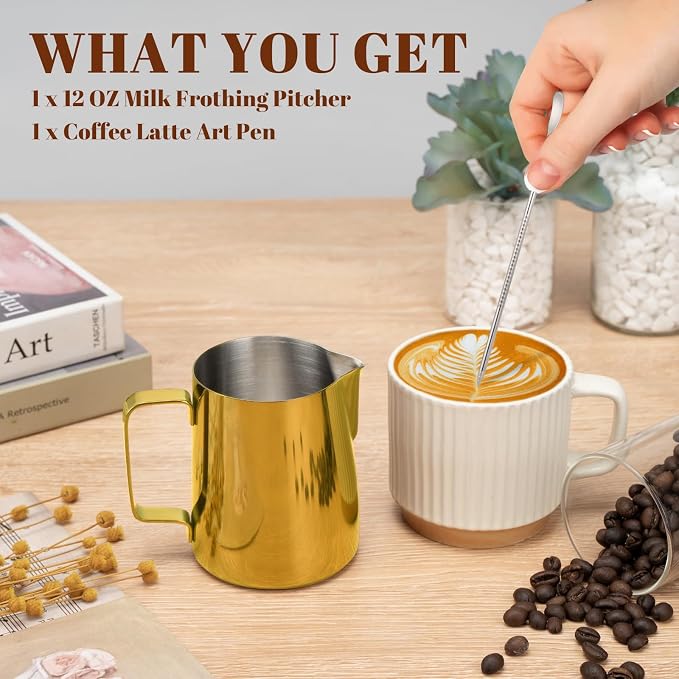 Amrules Milk Frothing Pitcher 12oz Frother Cup Barista Tools, Gold | 18/8 Stainless Steel, 12oz Capacity with Clear Scale, with Decorating Pen, Ergonomic Handle, for Cappuccino, Latte & Espresso