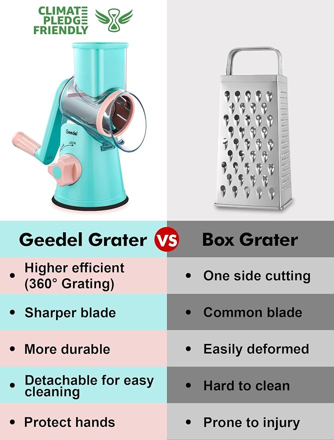 Geedel Rotary Cheese Grater, Kitchen Mandoline Vegetable Slicer with 3 Interchangeable Blades, Easy to Clean Rotary Grater Slicer for Fruit, Vegetables, Nuts | 3 Blades, 430 Stainless Steel, 12x Fast Cutting, Strong Suction Base, No BPA, Dishwasher Saf...