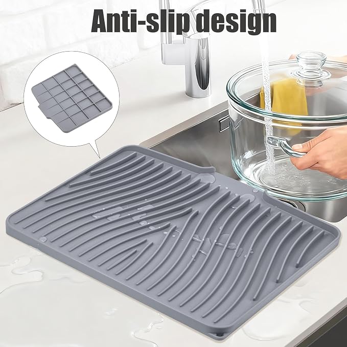 TIKNIK Silicone Dish Drying Mat for Kitchen Counter, Grey-1pcs, 20" x 15" | Heat Resistant & Non-Slip Dish Drain Pad with Built-In Drain, Dishwasher Safe, Quick-Dry, Hangable & Roll-Up for Storage