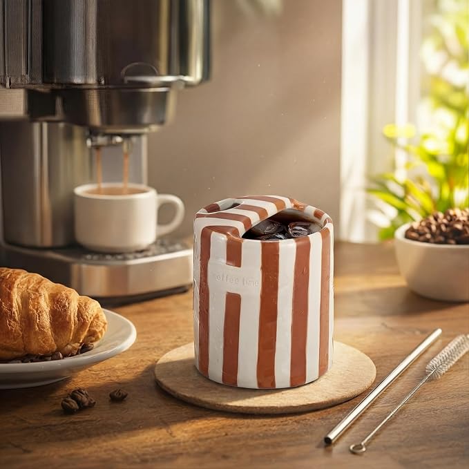 1 Pack Ceramic Mug with Sip Hole, Simple, Brown | 10oz Ceramic Coffee Cup with Straws, Retro Hand Painted Striped, for Iced Coffee Tea Latte Espresso, Kitchen Dining Travel