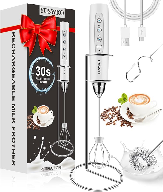 YUSWKO Handheld Milk Frother Wand for Coffee, Rechargeable Electric Whisk with 3 Heads 3 Speeds Drink Mixer Coffee Frother For Latte, Cappuccino, Hot Chocolate, Egg, White with Holder